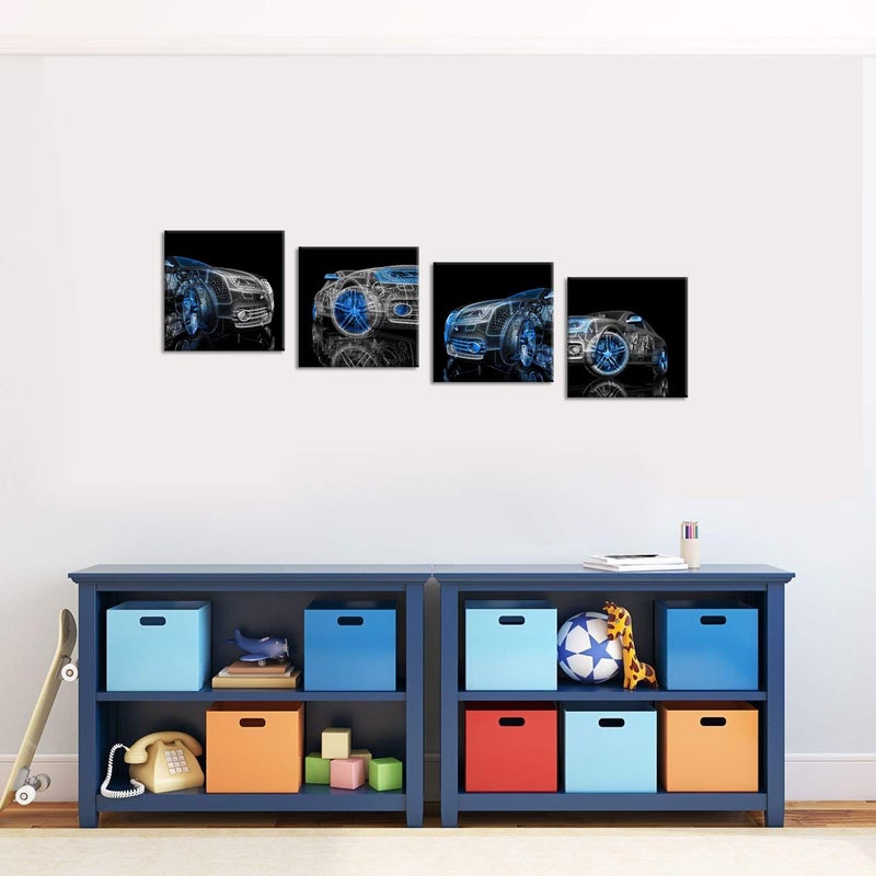 iHAPPYWALL 4 Pieces Modern Car Canvas Wall Art Black and Blue 3D Car Model Cool Picture Print for Bedroom Boys Room Home Decor Ready To Hang 12x12inchx4pcs - Image 4